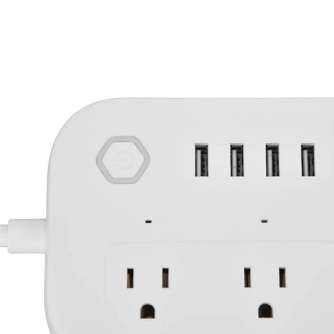 Smart Power Strip With Surge Protection Four Heavy Duty Outlets And Fast Usb Charging Ports For Home Office Tech top view showing USB ports and power button.