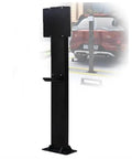 Free Standing EV Charger Pedestal For Home And Garage Use, Durable Steel Outdoor Charging Station Holder In Black with Weather Resistant Mount next to red car in parking area