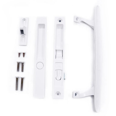 Flush Mount NonKeyed Sliding Glass Patio Door Lock Handle Set Fits One To One And One Eighth Inch Thick Doors With Six And Five Eighth Inch Hole Spacing Night Lock Hook Latch NonHanded White