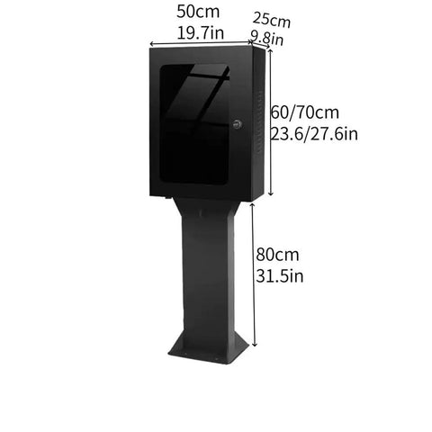 Heavy Duty EV Charger Lock Box With Stand, 28 inch tall matte black steel charging station cover with dimensions.