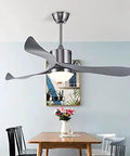 Modern Scandinavian Ceiling Fan With Bright Led Lights And Remote Dimming Switch Delivering Legit Smooth Airflow For Bedroom Kitchen Or Office Pretty Sweet Design With A Quiet Motor in a dining room.