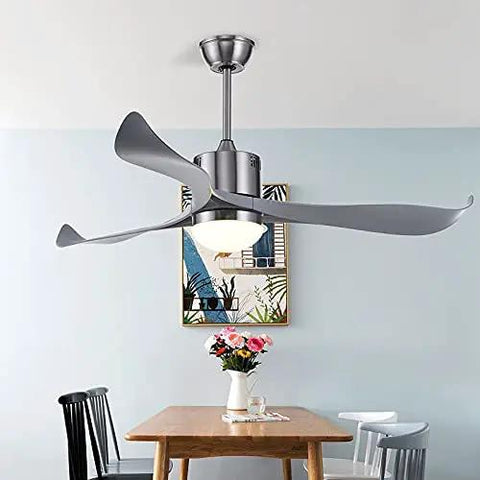 Modern Scandinavian Ceiling Fan With Bright Led Lights And Remote Dimming Switch Delivering Legit Smooth Airflow For Bedroom Kitchen Or Office Pretty Sweet Design With A Quiet Motor in a dining room.