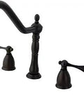 Oil Rubbed Bronze Widespread Kitchen Faucet With Beefy Brass Construction Eight And A Quarter Inch Spout Reach Nine And A Quarter Inch Height Washerless Cartridge 1.8 GPM Flow At Eighty PSI Swivel Spout Sprayer Not Included Title 20 Compliant, bronze-finished with lever handles