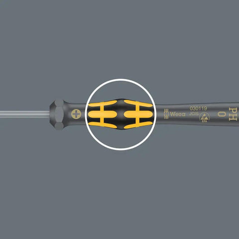 Close-up of ESD Safe Kraftform Micro Phillips Screwdriver 1550 PH With Anti Roll Swivel Cap handle, showing ergonomic multicomponent grip.