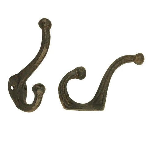 Built Dang Tough Rustic Cast Iron Wall Hooks Heavy Duty Farmhouse Coat Hangers Durable Vintage Hanging Hardware Set Of Five For Entryways And Closets With Upgraded Style, two black hooks, side view.