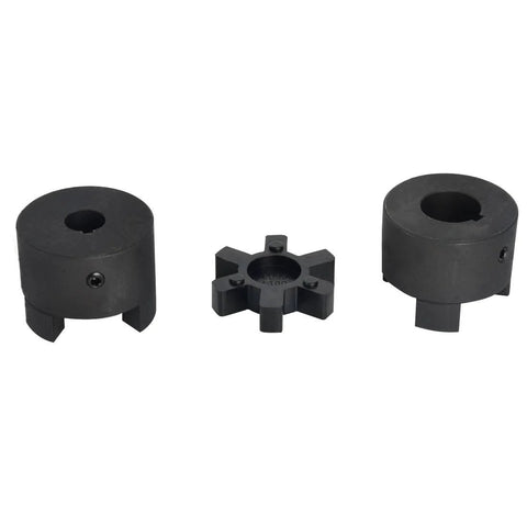 Front view: three-piece L-jaw coupling set with Buna-N rubber spider for log wood splitter; fits 3/4–1-1/8 in shafts.