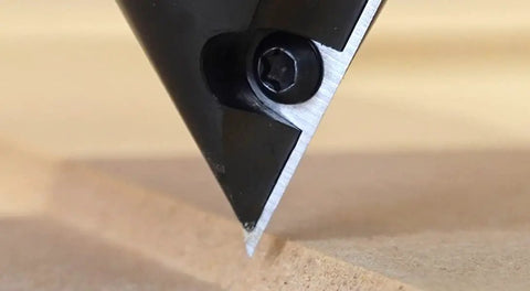 Close-up of V Groove Router Bit CNC Insert 91 Degree 1-5/16 Inch Diameter 3/4 Inch Shank Miter Fold Blade with locking screw