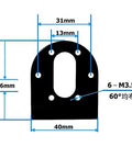 Black iron L-shaped mounting bracket for 37mm DC gear motors; six M3.5 holes, 40×46mm footprint.
