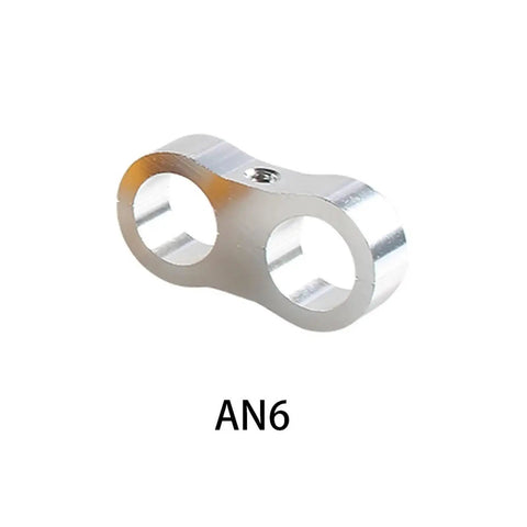 Top Notch 10 Piece AN4 An6 An8 And An10 Billet Aluminum Hose Clamp Separator Kit Perfect For Oil Fuel And Water Lines Keeping Your Rigs Tight And Leak-Free With Smooth Texture Grip. AN6 silver billet aluminum hose clamp separator, top view