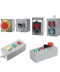 DIY metal push-button control box set; six gray explosion-proof enclosures with red, green, and yellow push buttons