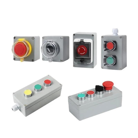 DIY metal push-button control box set; six gray explosion-proof enclosures with red, green, and yellow push buttons