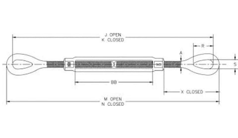 Badass One Inch By Twenty Four Inch Eye And Eye Turnbuckle Forged From Hot Dip Galvanized Steel For Heavy Duty Industrial Rigging and Straight Pull Tasks That Are Dang Tough And Rock Solid Strong, technical drawing view.