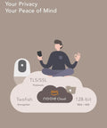 Illustration of 2K Indoor WiFi Baby And Pet Camera With 360 Degree Pan And Tilt AI Motion Tracking featuring cloud security symbols.