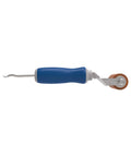 Everhard Roll-N-Chek silicone seam roller with tester probe, blue handle, brown wheel