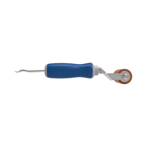 Everhard Roll-N-Chek silicone seam roller with tester probe, blue handle, brown wheel