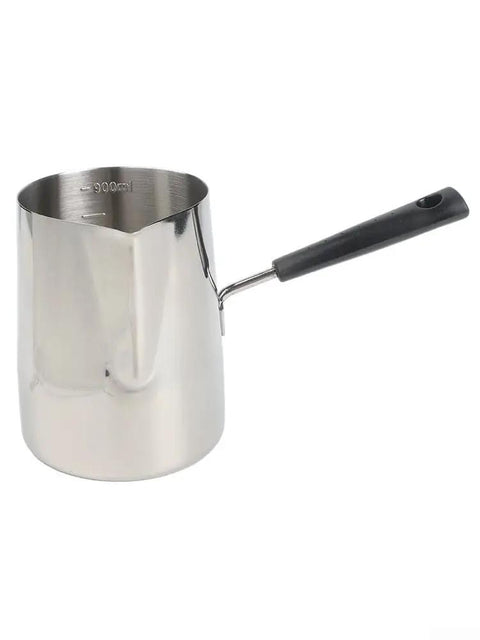 Stainless Steel Turkish Coffee Pot With No Fuss All Day Rust Resistant Build And Easy Pour Spout For Brewing Coffee Melting Chocolate Heating Milk Or Sauce In The Kitchen 900 Ml Capacity, shown from side view