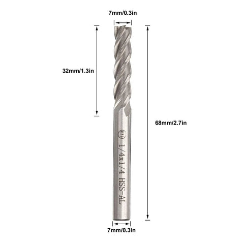 Front view of end mill bit, 1/4 in shank, 4-flute straight HSS CNC cutter for wood, steel, titanium.