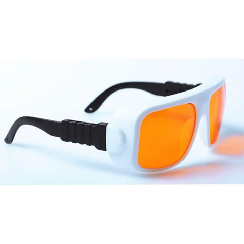 Top Shelf Teal Laser Safety Glasses With OD 5 Plus Shielding Two Hundred Through Five Hundred Forty Nanometers with orange lenses.