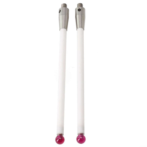 Two white ceramic-stem CMM touch probe styluses with pink ball tips and threaded metal ends