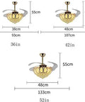 Top Notch 52 Inch Gold Ceiling Fan With Light, Fresh Crystal Lotus Frame, dimensions showing height and span of fan blades.