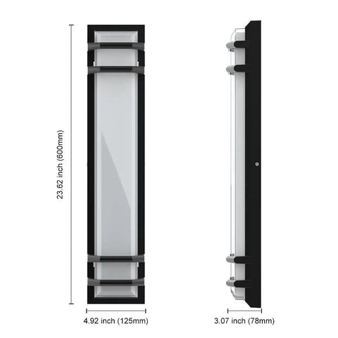 Outdoor LED Wall Lights 36W Black Aluminum Exterior Sconce For Porch Patio Garage Courtyard And Living Areas, side and front view with dimensions