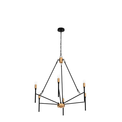 Bold Black 6 Light Modern Chandelier With Gold Finished Lamp Holders, Mid Century Ceiling Light For Dining Room, 27 Inch Diameter