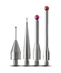 Front view of four steel CMM touch probe styluses with carbide ball tips and M3 threaded bases