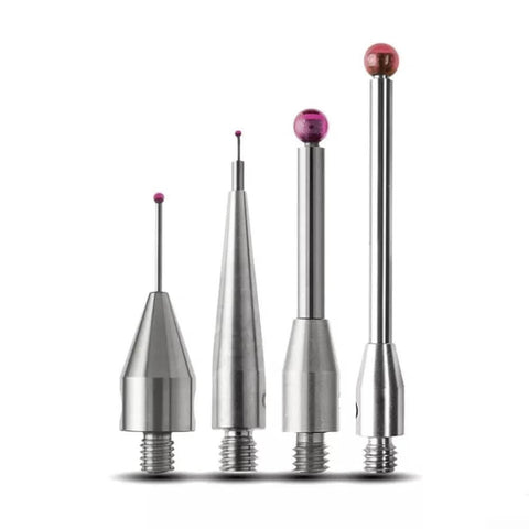 Front view of four steel CMM touch probe styluses with carbide ball tips and M3 threaded bases