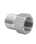 Close-up of stainless steel 1/2in NPT check valve, female to male, one-way water backflow preventer.
