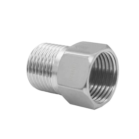 Close-up of stainless steel 1/2in NPT check valve, female to male, one-way water backflow preventer.