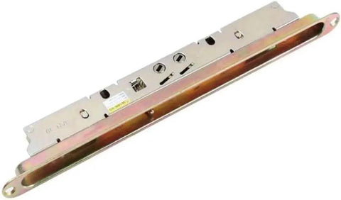 Heavy Duty Dual Point Double Hook Sliding Glass Door Mortise Lock With 3/8 Inch Recessed Plate and 12.5 Inch Hole Spacing, top view.