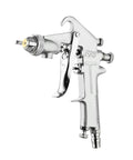 Killer Finish Pneumatic Paint Spray Gun Using Dual Plastic Cans With A Hella Reliable One Point Five Mm Nozzle For Top Shelf Furniture Detailing And Thick Paint Jobs Around The Shop close-up of spray gun with metallic finish