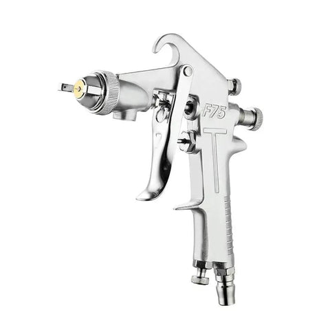 Killer Finish Pneumatic Paint Spray Gun Using Dual Plastic Cans With A Hella Reliable One Point Five Mm Nozzle For Top Shelf Furniture Detailing And Thick Paint Jobs Around The Shop close-up of spray gun with metallic finish