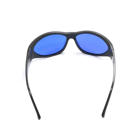 Top Tier Laser Safety Glasses Engineered Specifically For 585 To 595Nm Pulsed Dye Systems With Od4 Plus Optics, black frame, blue lenses.