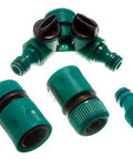Hassle Free Three Piece Garden Hose Connector Kit Featuring Two Slick Quick Swap Couplers One Dependable Shut Off Valve And A Versatile Adapter in bright green.