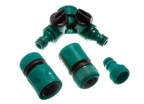 Four Packs Of Fast Connect Dual Hose Shut Off Fittings Featuring Standard Half Inch Bore Plastic Components Slick Swap Design For Zero Hassle Yard Work And Heavy Duty Water Control.