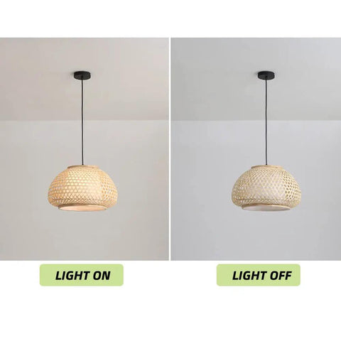 Handmade Flush Mount Ceiling Light With Retro Bamboo Dome Shade, Woven Hanging Lamp for Dining Room, light on and off view