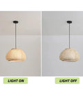 Retro Bamboo Dome Flush Mount Ceiling Light With Adjustable Cord Up To 23.62 Inches, shown lit and unlit, handmade rattan shade