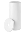 Three Roll Toilet Paper Organizer With Cover Floor Stand For Bathroom Space Saving Tissue Storage Fits Under Sink Vanity Shelf Cabinet Or Corner Aura Collection White Hassle Free Easy To Install And Clean, showing a white cylindrical holder with removable cover.