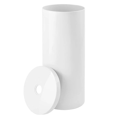 Three Roll Toilet Paper Organizer With Cover Floor Stand For Bathroom Space Saving Tissue Storage Fits Under Sink Vanity Shelf Cabinet Or Corner Aura Collection White Hassle Free Easy To Install And Clean, showing a white cylindrical holder with removable cover.