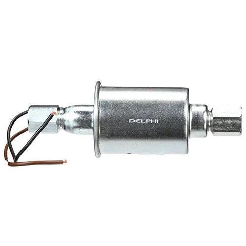 Universal 12V Inline Diesel Fuel Pump for Beefy Diesel Installations, OE Heritage Quality, silver cylindrical design, side view