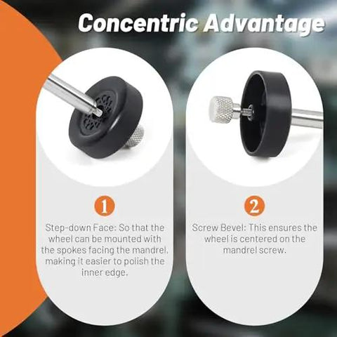 Wheel Turning Mandrel Tool For Pinewood Derby Cars With 20 Sandpaper Sheets In 120 And 220 Grit For Precise Wheel Polishing And Shaping Concentric Advantage Mandrel For Spokes Alignment Derby Accessories By Pinewood showing step-down face and screw bevel features.