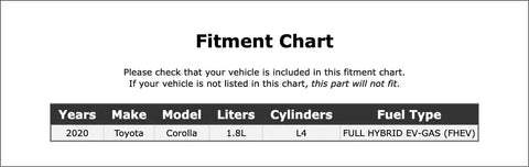 Fitment chart for Beefy Drive Motor Battery Pack Cooling Fan Assembly for Toyota Corolla 2020, includes vehicle specifications.