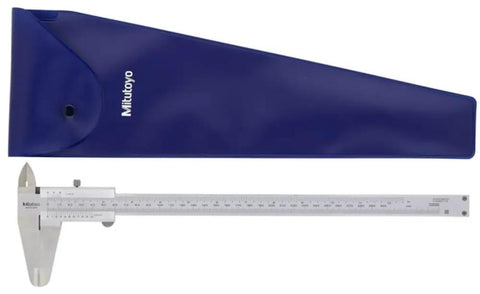 Stainless Steel Vernier Caliper With Inch And Metric Readouts, 0-12 Inch Range, in a blue protective case, tool shown fully extended.