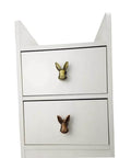 White dresser with Cute 4 Pack Rabbit Drawer Knobs With 3D Bunny Head Design For Kids Rooms And Furniture Zinc Alloy Decorative Cabinet Pulls With Antique Finish Bolwhao in black and gold.