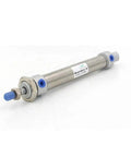 Double Acting Pneumatic Stainless Steel Small Cylinder 40mm Bore 40mm Stroke Tie Rod Mini Air Cylinder For Precise Linear Actuation And Compact Automation Easy Install And Rugged Build shown lengthwise with connectors.