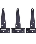 Built Tough Black T Shape Door Hinges 24 Pcs Iron Construction With 6 Screw Holes for Doors and Gates Displayed in Trio