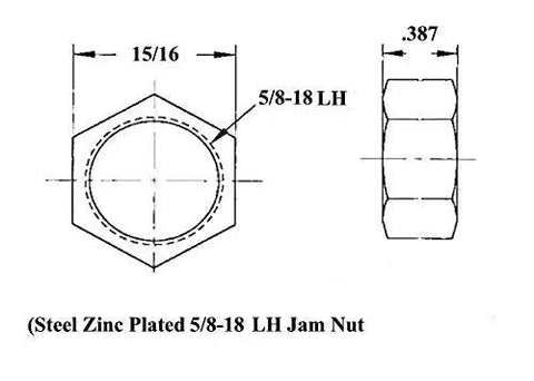 Steel Zinc Plated 5/8-18 LH Jam Nut dimensions with hexagonal shape for heavy-duty applications.