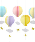 Colorful Hot Air Balloon Paper Garland Set 5 Pieces For Room Party Decor With Clouds And Stars features pastel balloons and golden stars