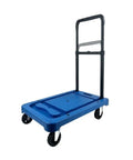 Premium Rock Solid Heavy Duty Workhorse Foldable Platform Trolley Cart With Precision Swivel Casters, blue polypropylene deck.
